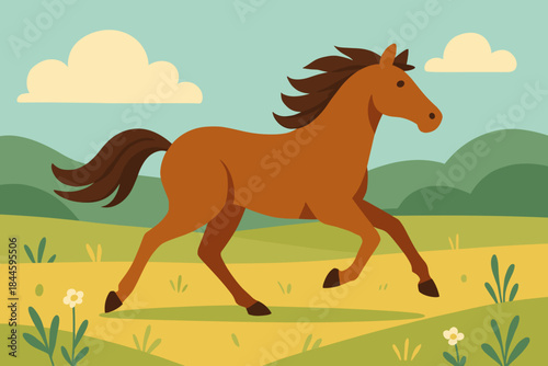 Brown Horse Galloping Across a Sunny Field with Rolling Hills and Clouds in a Stylized Illustration