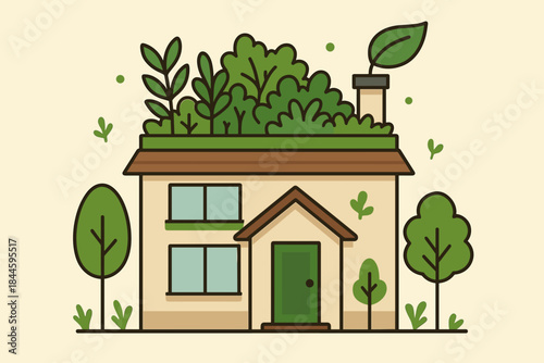 Charming Cartoon House With Lush Green Roof Garden And Surrounding Trees Under Soft Natural Lighting Representing Eco Friendly Living And Sustainable Architecture