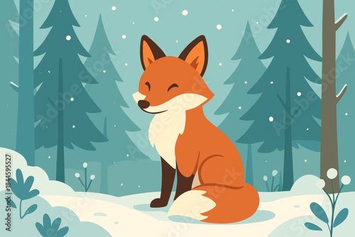 Charming Fox Sitting in a Snowy Winter Forest with Tall Evergreen Trees and Soft Falling Snow Creating a Peaceful Atmosphere
