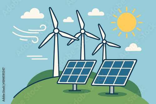 Clean Energy Production with Wind Turbines and Solar Panels on a Sunny Day Promoting Environmental Sustainability and Renewable Resources