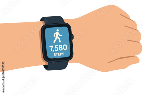 Close up of a Person's Wrist Wearing a Smartwatch Displaying 7580 Steps and a Walking Icon on a Dark Blue Screen with a Black Band Against a Black Background
