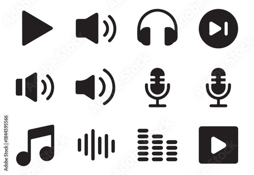 Set of play button and sound icon, speaker volume, headphones, music note vector icon for website and app
