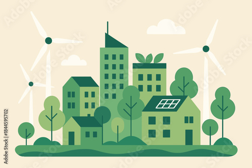 Eco friendly city skyline with modern green buildings wind turbines solar panels and lush trees illustrating sustainable urban development and renewable energy sources in a bright environment