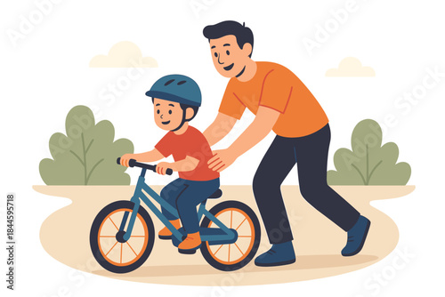 Father Teaching Son To Ride Bicycle Outdoors With Green Trees And Clouds In The Background During Daytime With Bright Sunlight