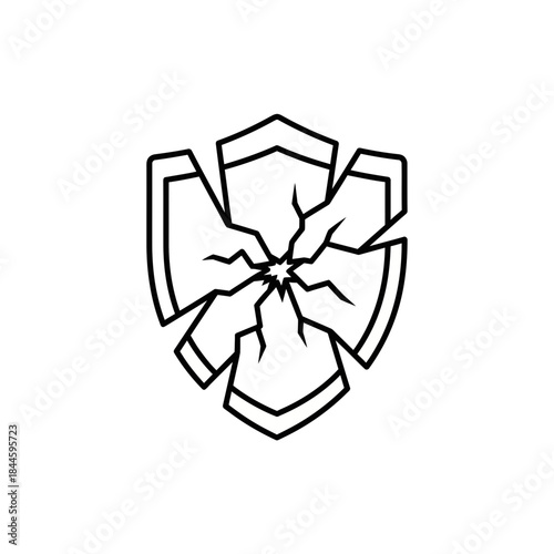 Shattered Shield Line Art Illustration Symbolizing Broken Protection, Security Failure, Vulnerability, Crisis, and Weakness