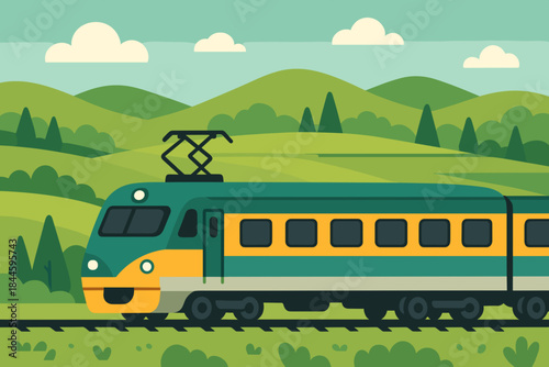 Green and yellow high speed train traveling through lush rolling hills and green fields under a bright blue sky with fluffy clouds on a sunny day