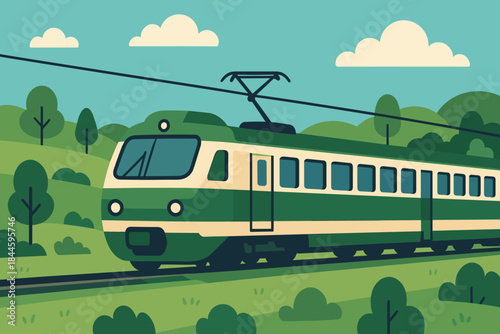 Green and Cream Passenger Train Traveling on Tracks Through Lush Green Rolling Hills Under a Blue Sky with White Clouds and Overhead Power Lines