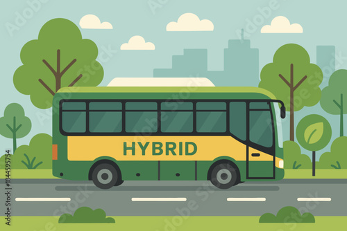 Green and Yellow Hybrid Bus Driving on a Road with Trees and City Skyline in the Background Under a Cloudy Sky