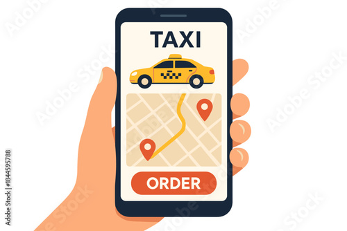 Hand Holding Smartphone Showing Taxi App With Map Route Order Button And Yellow Car Illustration On Black Background
