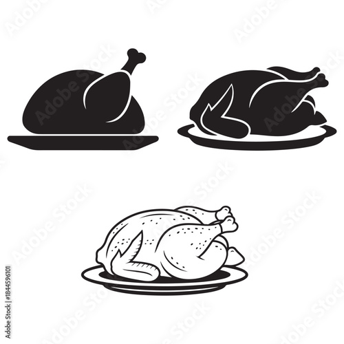 Set of roasted chicken on plate icon collection poultry meal vector