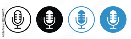 Collection of microphone icons in black and blue colors, illustrating audio and recording functions