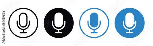 Set of four microphone icons showing a simple, sleek design within circular frames, two in black and two in blue