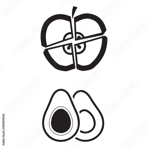 Sliced apple quarters and avocado halves healthy fruit food set vector icon