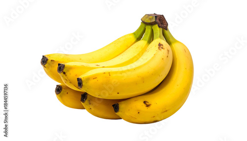 A cluster of ripe, yellow bananas with brown spots, isolated against a black background