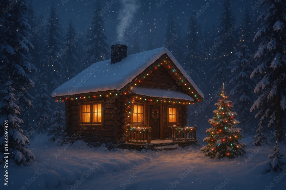 Naklejka premium Cozy Wooden Cabin in Snowy Winter Forest with Warm Christmas Lights and Decorated Tree