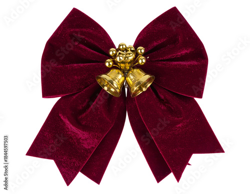 Rich velvet bow with golden bells, a festive and elegant Christmas ornament