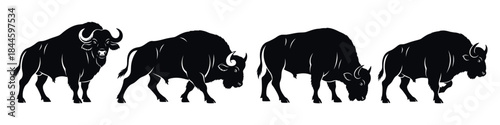 Dynamic collection of American bison and buffalo vector silhouettes, showcasing powerful wildlife in various natural poses, embodying strength and wilderness for diverse design projects