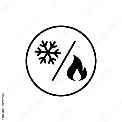 A black and white icon depicting a snowflake and a flame separated by a diagonal line within a circle, symbolizing heating and cooling options.