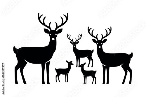 Elegant black silhouettes of a deer family, including majestic bucks with impressive antlers and graceful fawns, ideal for nature-inspired designs and forest wildlife themes