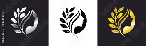 beauty woman face logo set in gold black and silver colors with leaves for spa salon and natural design