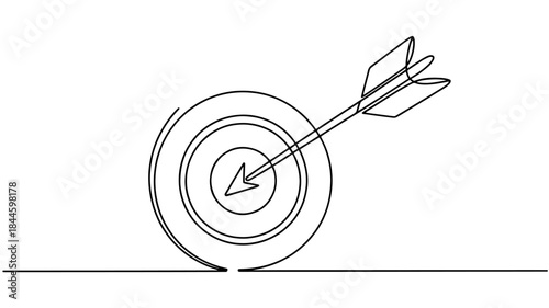  continuous line drawing of an archer's target with an arrow hitting the bullseye