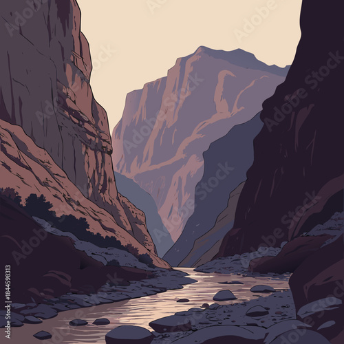 A serene stylized illustration of a winding river flowing through a majestic canyon with towering layered rock formations under a soft hazy sky