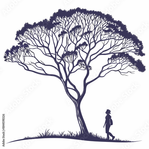 A solitary figure walks beneath the sprawling branches of a majestic stylized tree evoking a sense of peaceful exploration and natural beauty