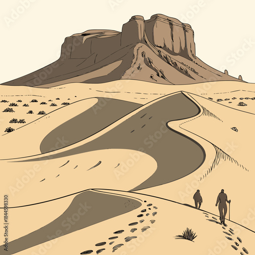 Two hikers with trekking poles walk across rolling sand dunes towards a large mesa under a pale sky leaving footprints in the desert landscape