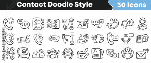 Thirty hand drawn doodle style icons representing various aspects of customer contact support communication and service management tasks on transparent background