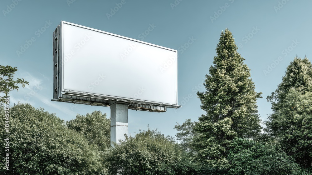 Fototapeta premium Empty Billboard Surrounded by Lush Green Trees under Clear Sky
