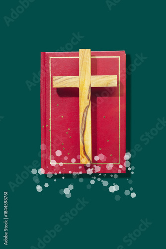 Wooden Religion Cross On Red Bible With Christmas Lights. Spiritual Holiday Visual For Religious Greeting Cards, Faith-Based Content, Church Social Media, And Christian Celebrations
