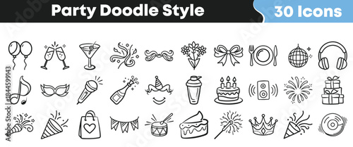 Collection of thirty hand drawn black and white doodle style icons representing various elements of celebration birthdays and festive occasions on transparent background