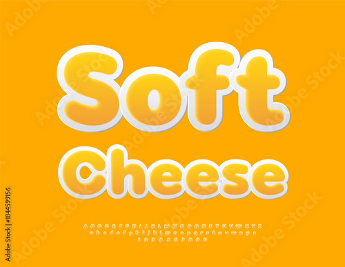 Vector Delicious sticker Soft Cheese. Creative Yellow Font. Rounded Alphabet Letters and Numbers set.