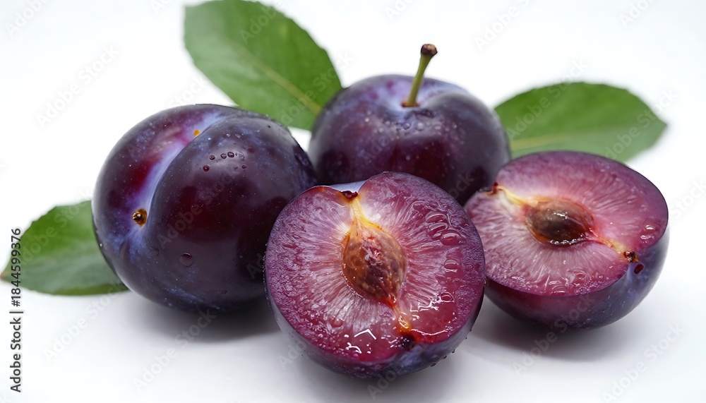 Fototapeta premium Fresh ripe plums with leaves on white background