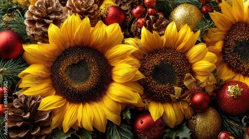 Bright Sunflowers with Festive Decorations and Holiday Accents