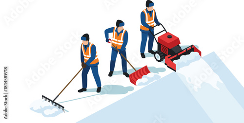 Isometric snow removal workers clearing sidewalks with shovels and snow blower, winter maintenance illustration for municipal services concept