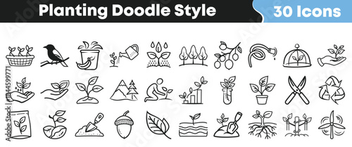 Collection of thirty hand drawn black and white doodle style icons representing various aspects of planting gardening ecology and sustainable growth concepts on transparent background