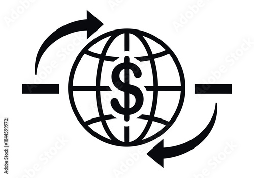 Global money transfer icon with dollar sign and arrows representing international transactions