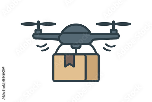 Modern delivery drone carrying a cardboard package in flight with subtle motion lines indicating movement against a stark black background