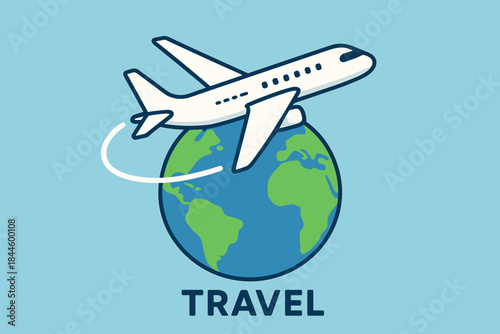 Modern illustration of a white airplane flying around a pixelated globe with the word TRAVEL below set against a solid sky blue background ideal for travel and transportation themes