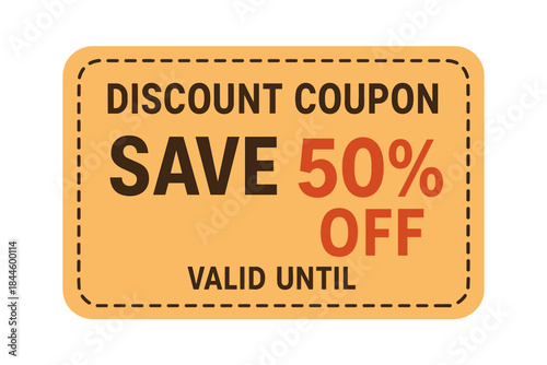 Orange Discount Coupon With Save 50 Percent Off Text In The Center Isolated On A Black Background With Dashed Border