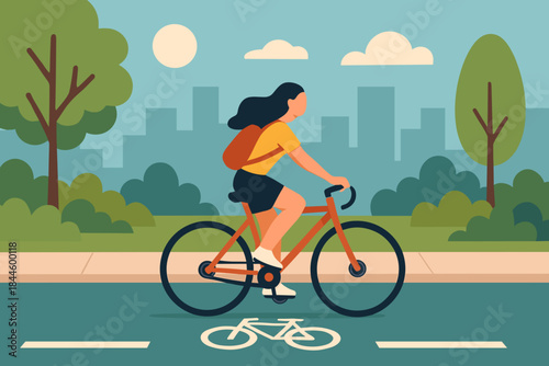Young Woman Riding Bicycle on City Bike Path Surrounded by Green Trees and Urban Skyline Under Daytime Sun