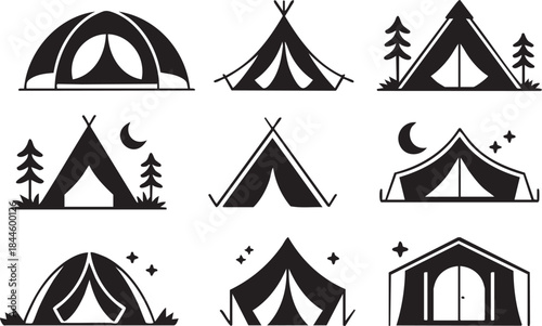 This vector pack includes a variety of camping tents, designed in a flat minimal style. From dome tents to classic triangular tents, the set is perfect for travel designs, adventure websites, outdoor