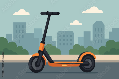 Orange Electric Scooter Parked On Paved Sidewalk With Cityscape Silhouette In Background And Cloudy Sky Overhead In Flat Design Pixel Art Style