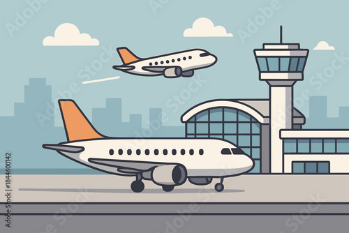 Pixel Art Airport Scene with Two Airplanes and Control Tower on a Sunny Day