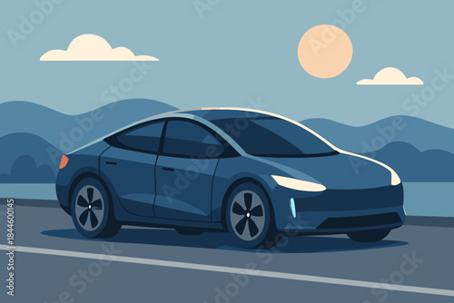 Pixel Art Electric Sedan Car Driving on Road with Mountain Landscape and Cloudy Sky in Daytime