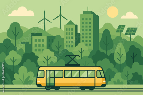 Pixel Art Green Cityscape with Yellow Tram and Renewable Energy Sources featuring Buildings Wind Turbines and Solar Panels Under a Bright Sun and Cloudy Sky