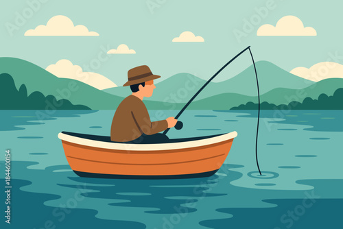 Pixel Art Man Fishing from Small Orange Boat on Calm Blue Water with Green Mountains and Cloudy Sky Landscape Illustration