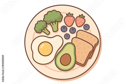 Pixel Art Healthy Breakfast Plate With Fried Egg Avocado Toast Blueberries Strawberries And Broccoli Overhead View On Light Orange Background