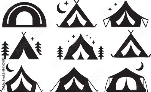 This vector pack includes a variety of camping tents, designed in a flat minimal style. From dome tents to classic triangular tents, the set is perfect for travel designs, adventure websites, outdoor